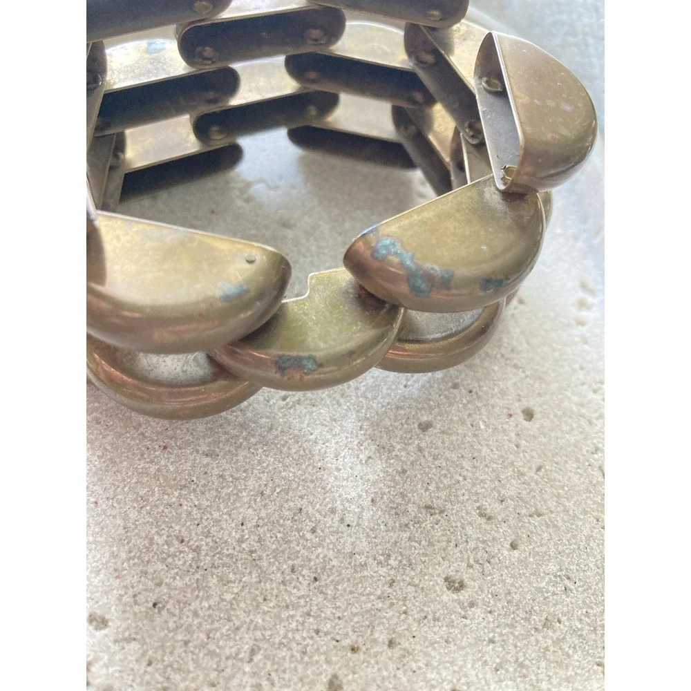 Copper Tank Bracelet Linked Patina Chunky‎ Collapsible Bold Vintage Brutalist